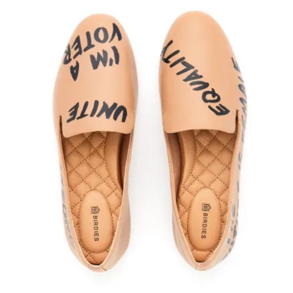 Birdies Cream Loafers with VOTE Bold Text. Size 9